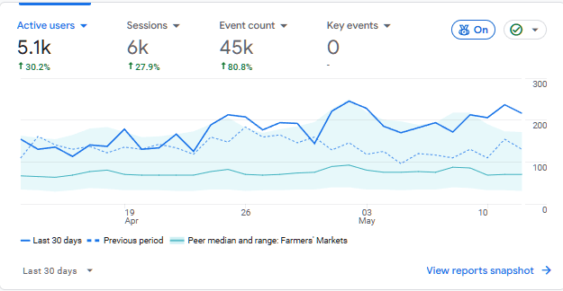 Google Analytics-vy som visar över fem tusen aktiva användare på Gårdslandet de senaste 30 dagarna