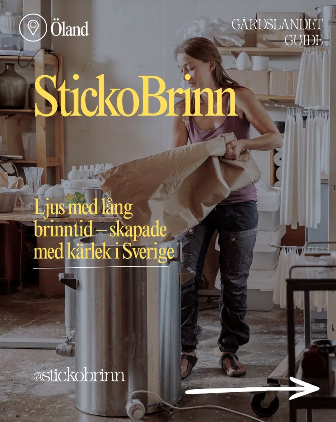 Ljusmakare i StickoBrinns verkstad på Öland med doppade ljus på tork, presenterad i Gårdslandets redaktionella stil med rubriken "STICKOBRINN"